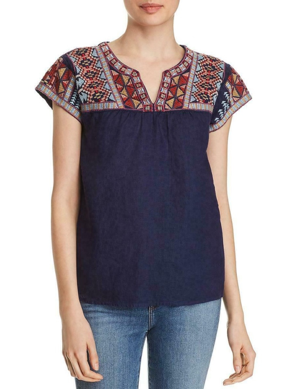 Johnny Was Ezra V-neck Crop Embroidery 100% Linen Blouse Navy Blue